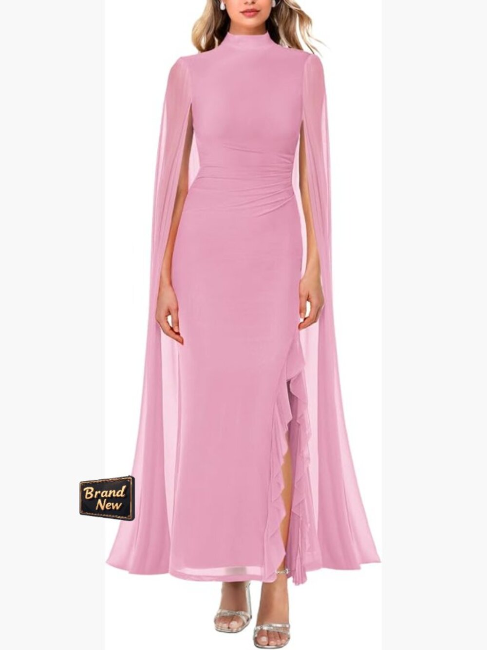 Mock Neck Ruffle Bodycon Maxi Dress with Cape Sleeves